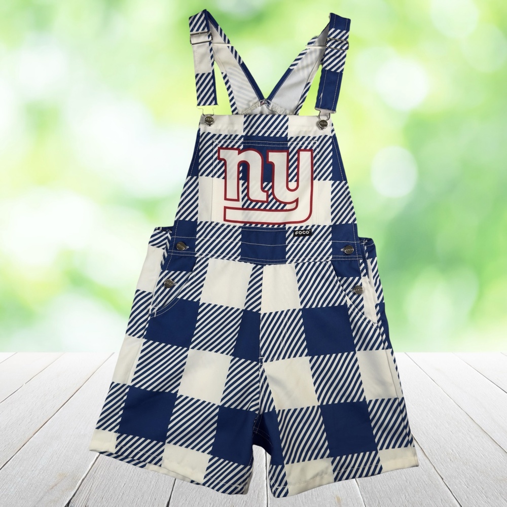 FOCO NFL New York Giants Shortalls Overalls Checkered Game Day Blue White Size S